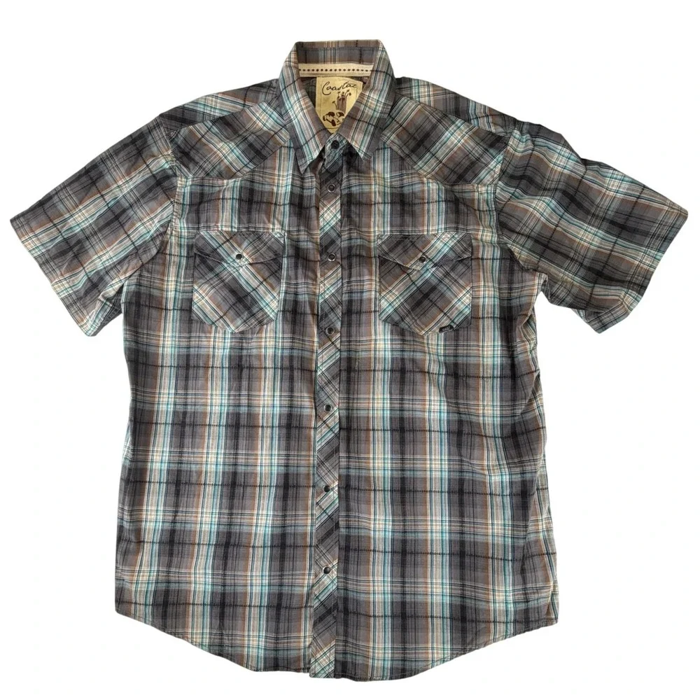 Coastal Mens XXL Short Sleeve‎ Western Plaid Pearl Snap Shirt Grey Teal Brown